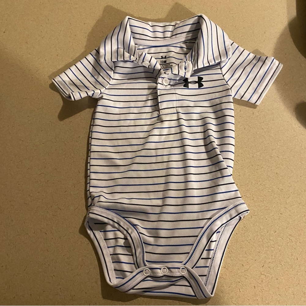 Under Armour Boys Infant Polo One Piece Color Stripes White Blue Black 12 Months